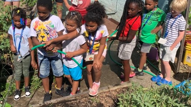 CampWashington Summer Youth Program children learning about gardening