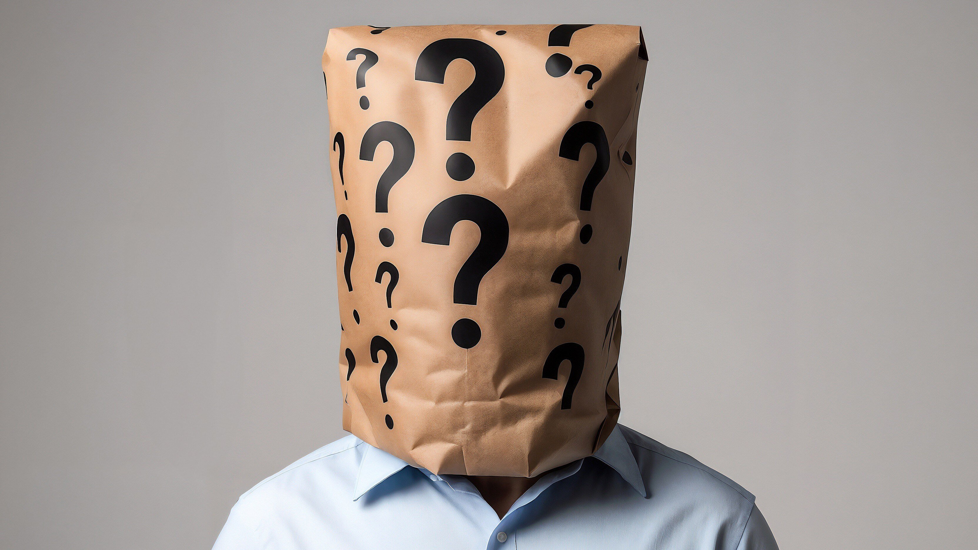 person with paper bag with question marks on head