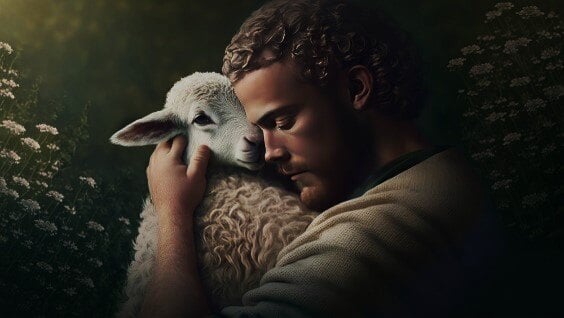 a man lovingly cradling a lamb