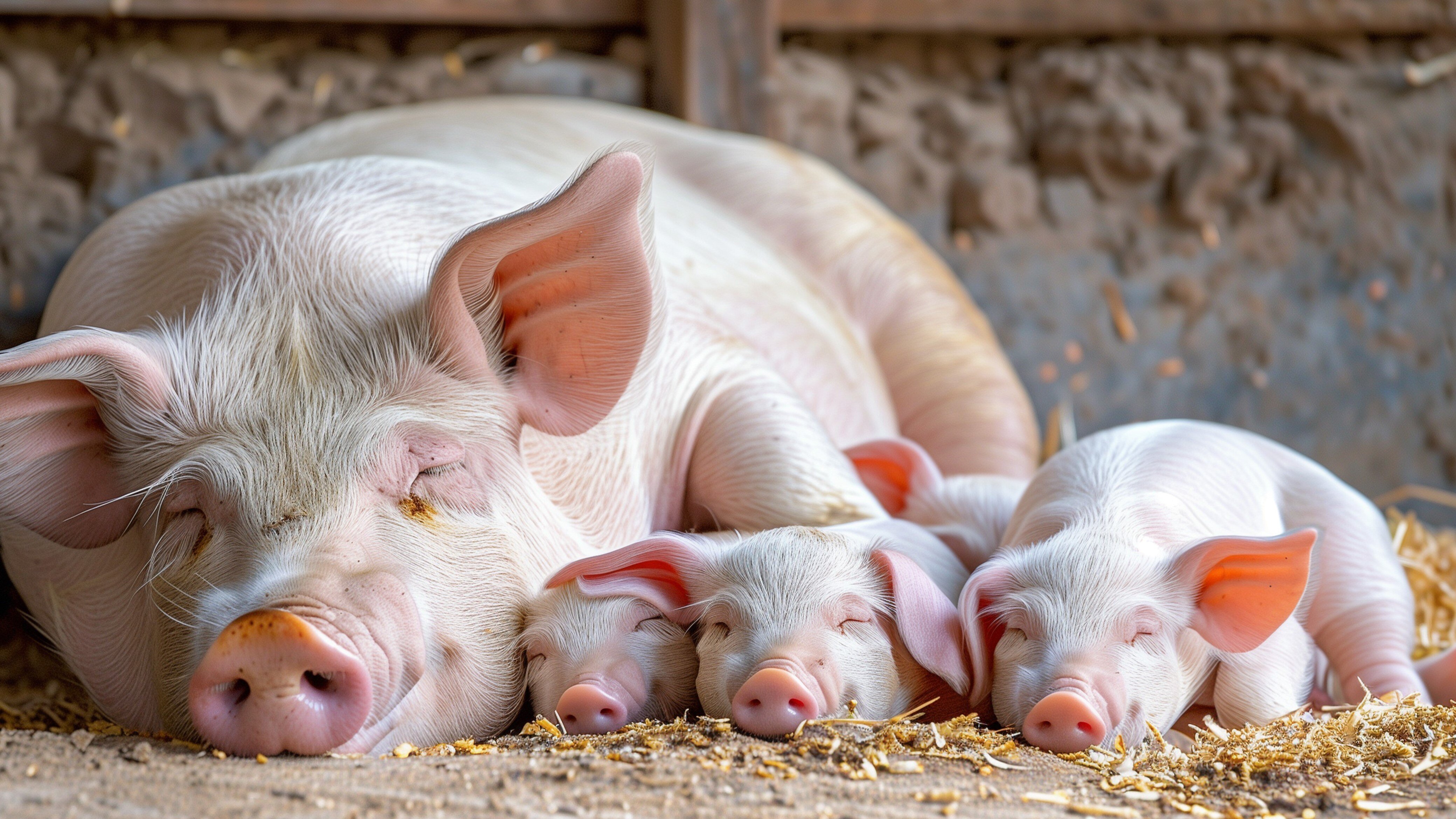 Momma pig with three piglts sleeping