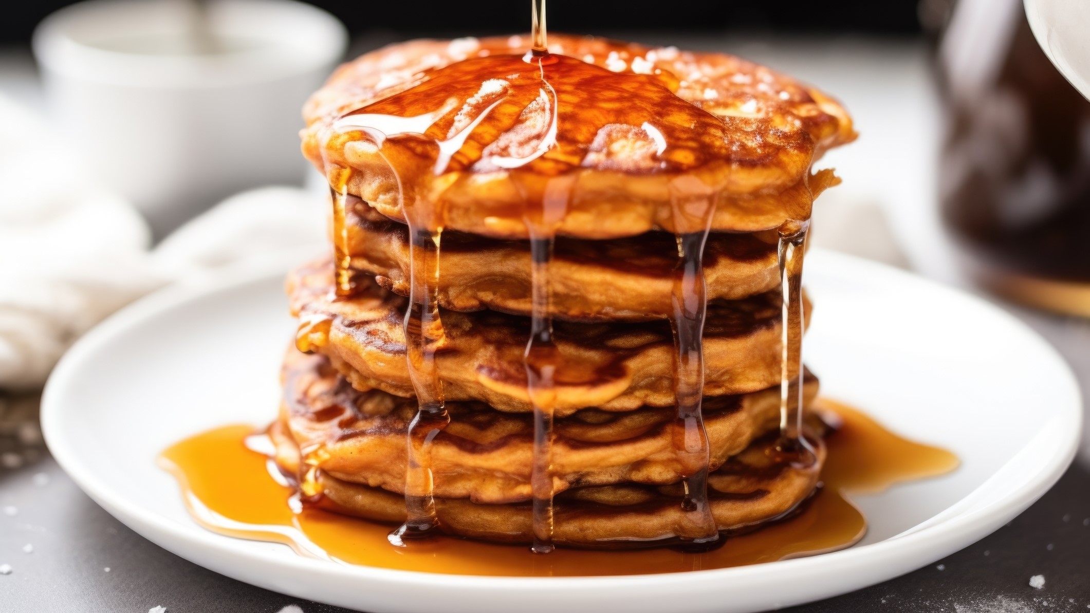 big stack of pancakes covered with syrup dripping on them